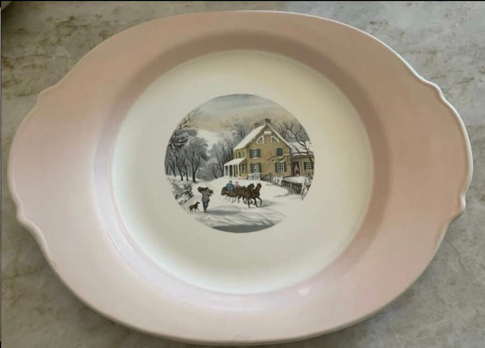 American Limoges Currier & Ives charcoal & pink platter plate